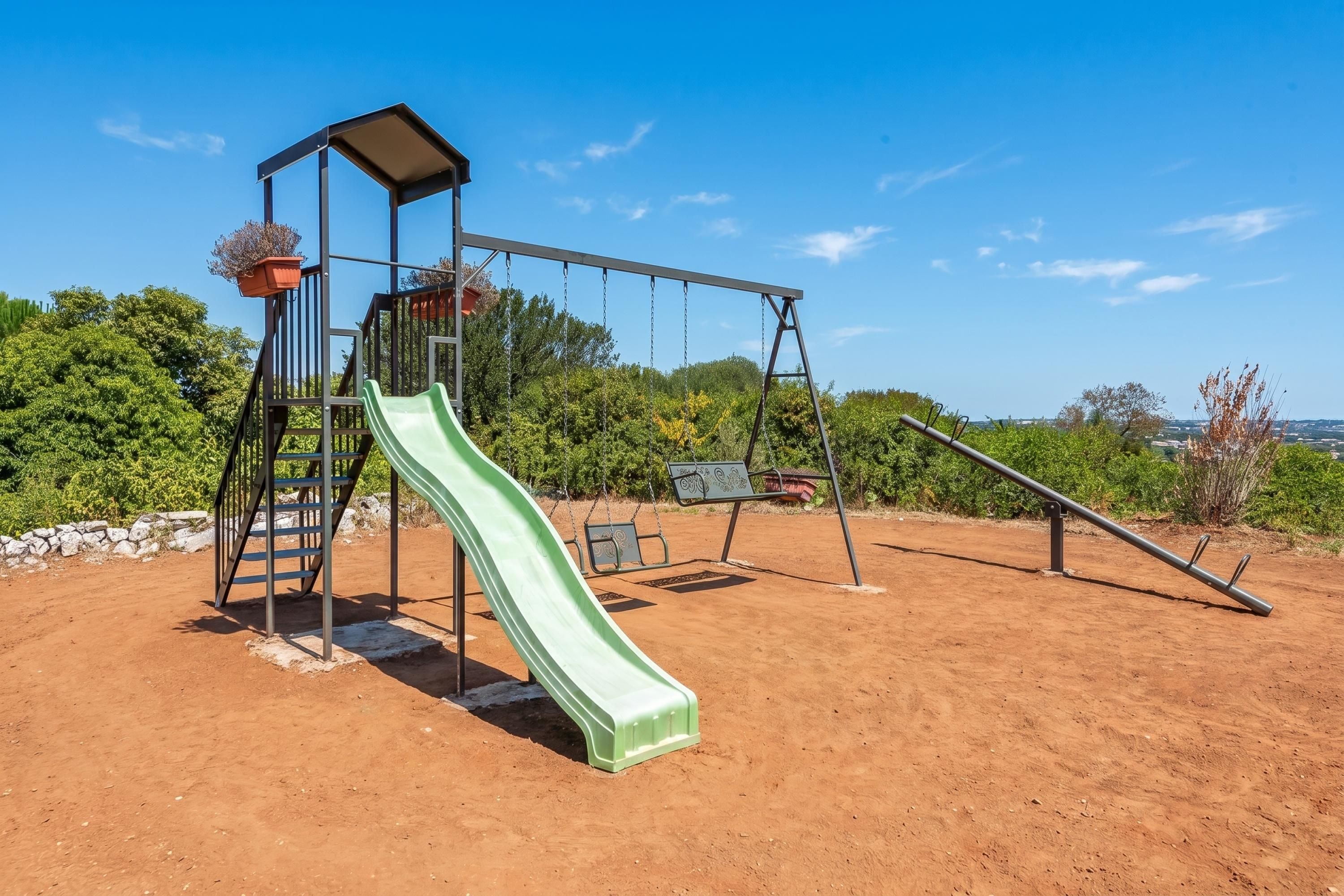 A playground with a slide, swings, and a climbing structure.