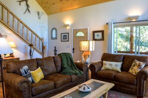 Smart TV, fireplace - Deck Creekside Cabin: Hot Tub, Downtown, Pet Friendly, Deck, 2 Living Spaces, Walk to Dining! (Pagosa Springs)