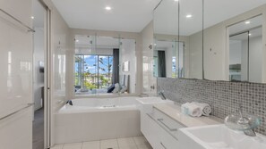 Shower, jetted bath, hair dryer