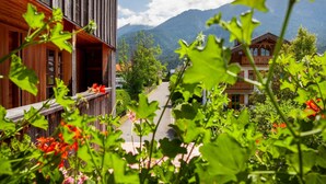A wooden building with a balcony, surrounded by greenery and mountains in the background. - Room 'Apartment Mit Bergblick' with Mountain View, Balcony and Wi-Fi (Krün)