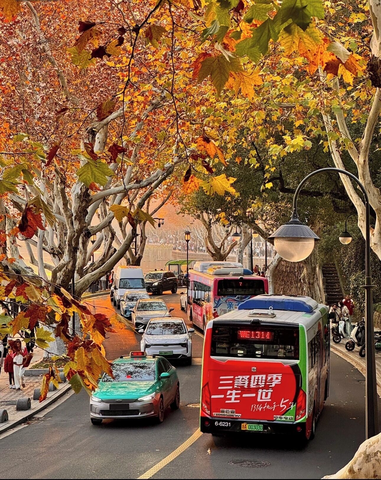 A street lined with autumn trees and a red bus with Chinese characters.
