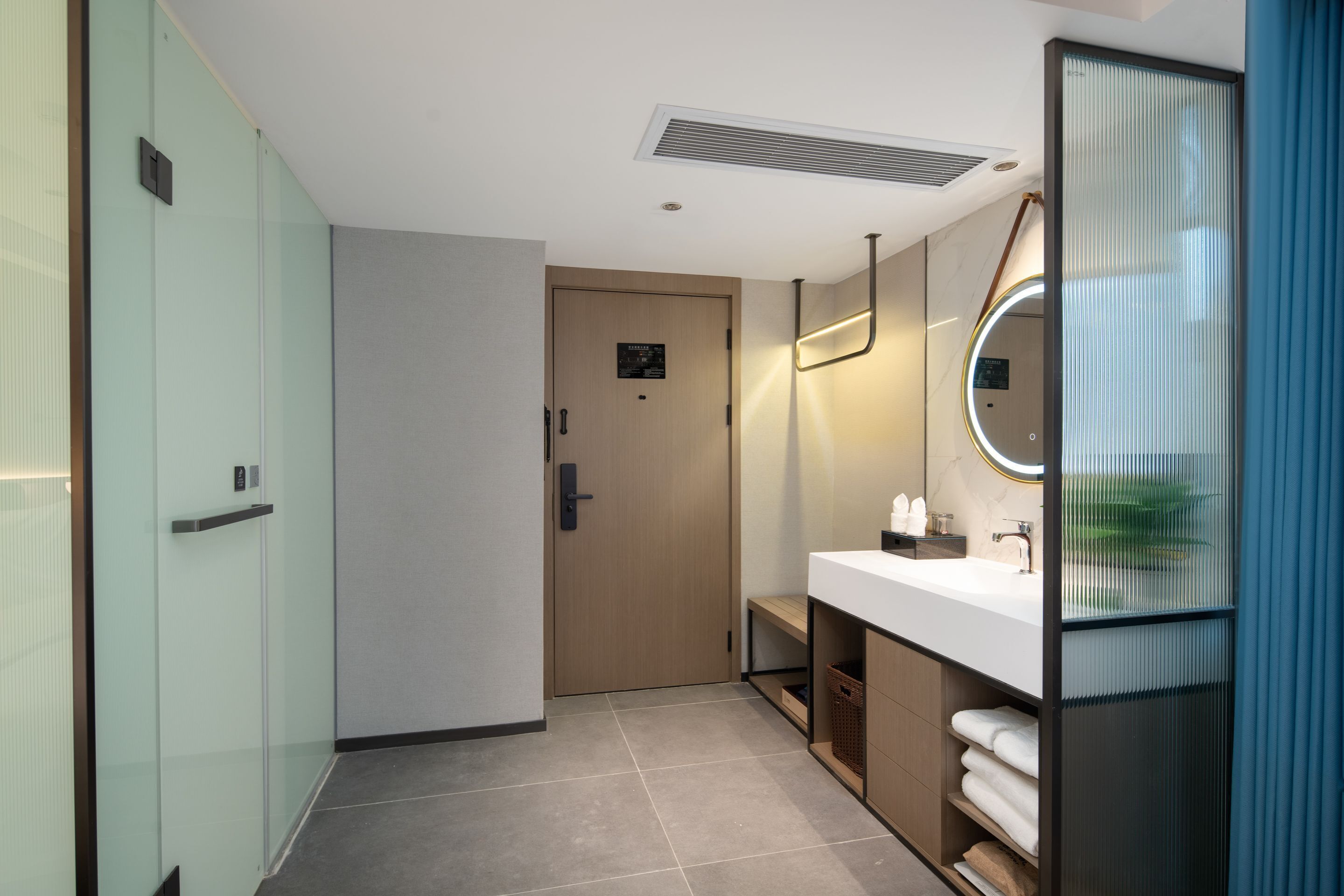 A modern bathroom with a glass partition, a wooden door, a white sink with a mirror, and a towel rack.