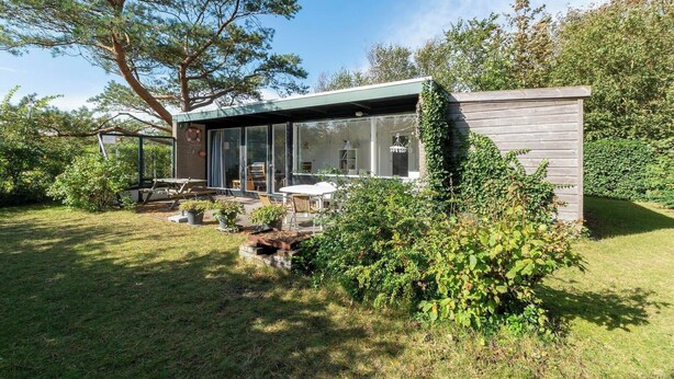 A modern house with a glass facade, a patio with outdoor furniture, and a garden with various plants.