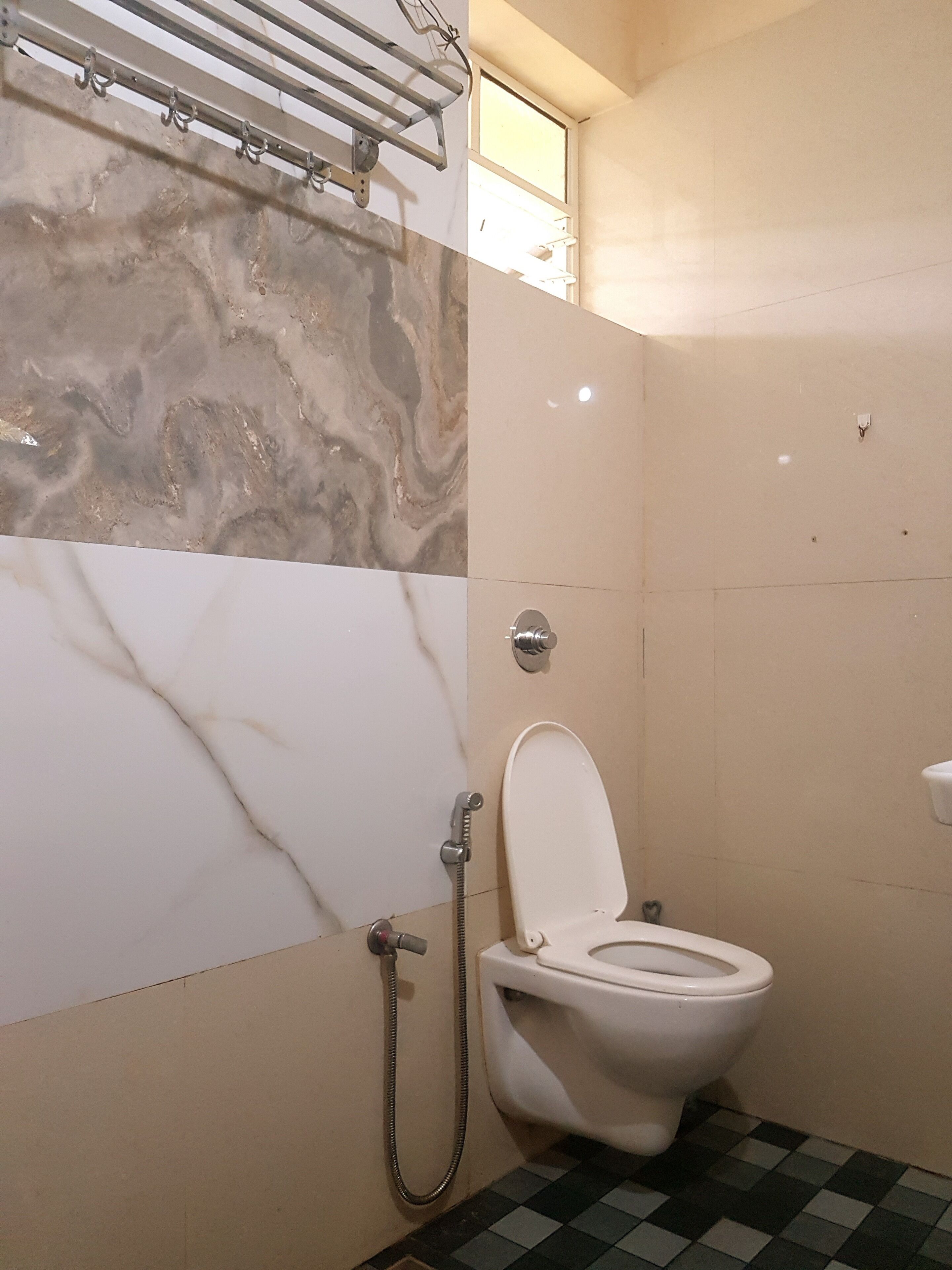 A bathroom with a toilet, a shower, and a marble wall.