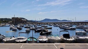 A marina with numerous boats docked, a clear sky, and a distant mountain range. - La Perle du Mourillon-wifi-spacieux (Toulon)