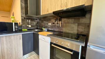 Frigorífico, microondas, horno y placa de cocina