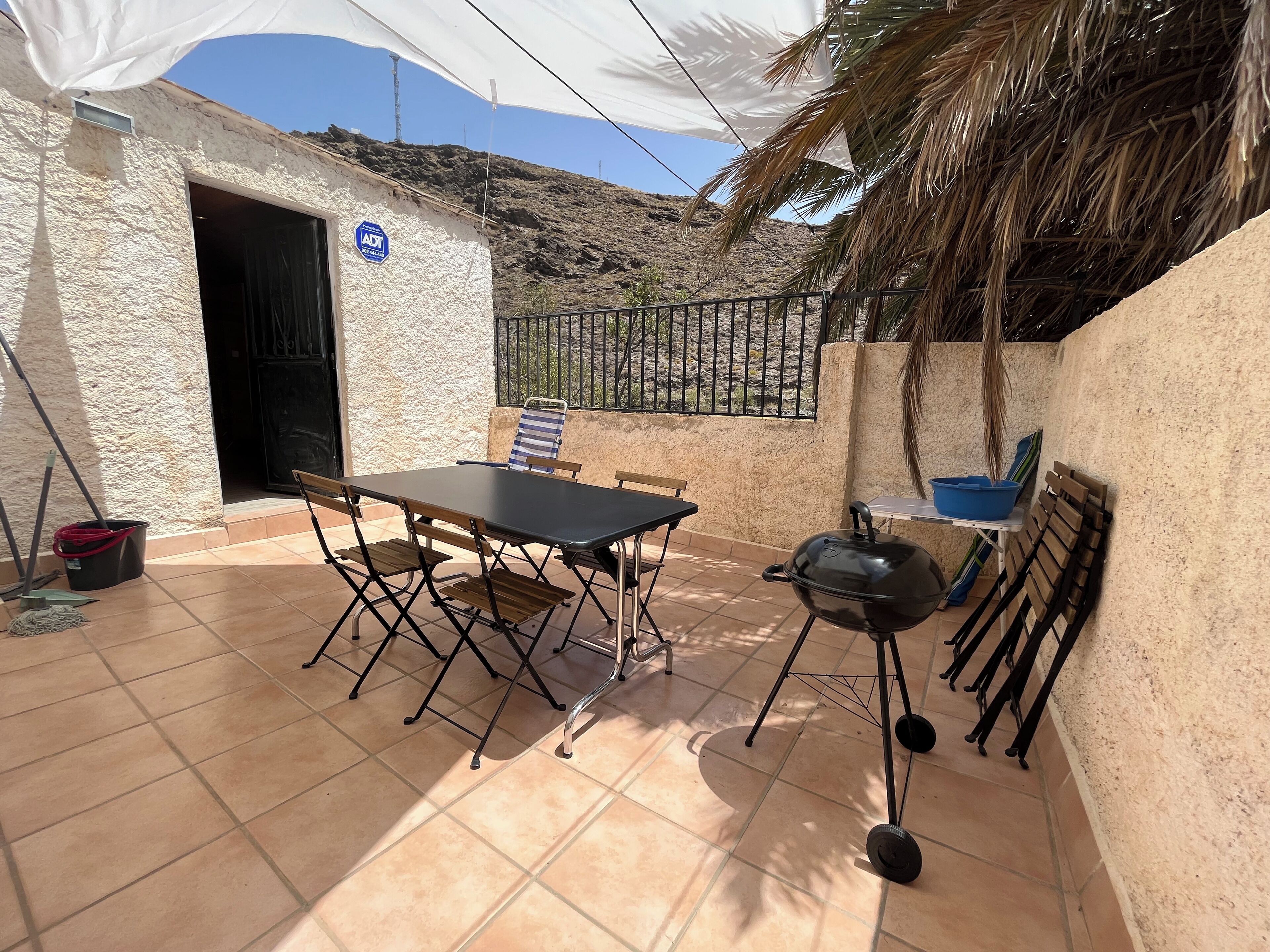 A patio with a table and chairs, a barbecue grill, and a covered area with a palm tree.