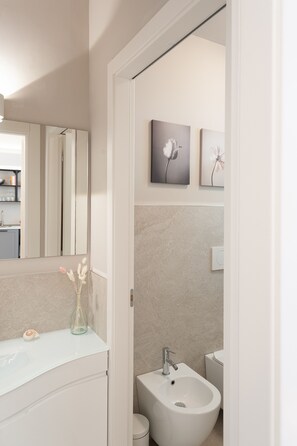 Hair dryer, bidet, towels, soap