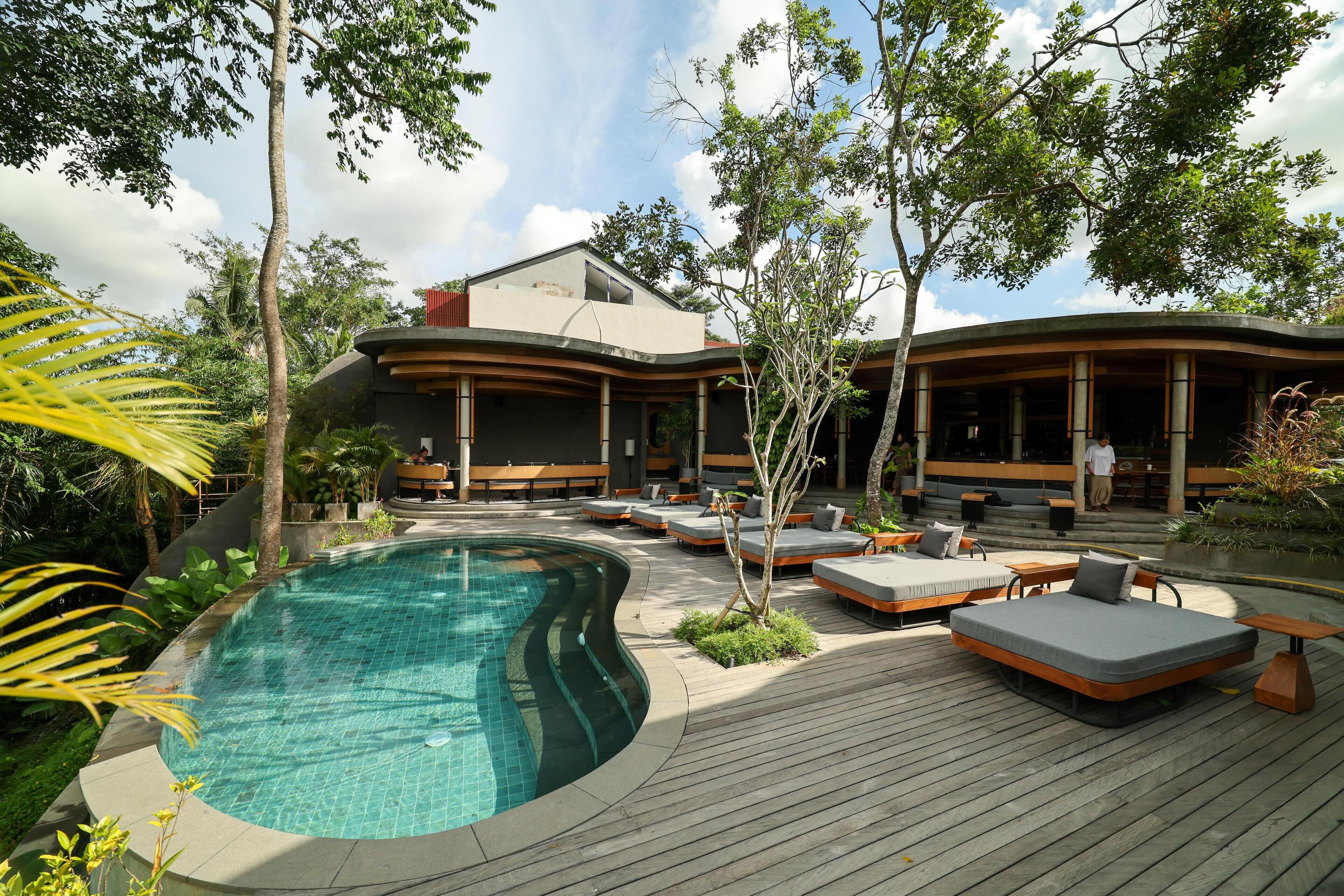 A modern outdoor pool area with a curved pool, wooden deck, and lounge seating.