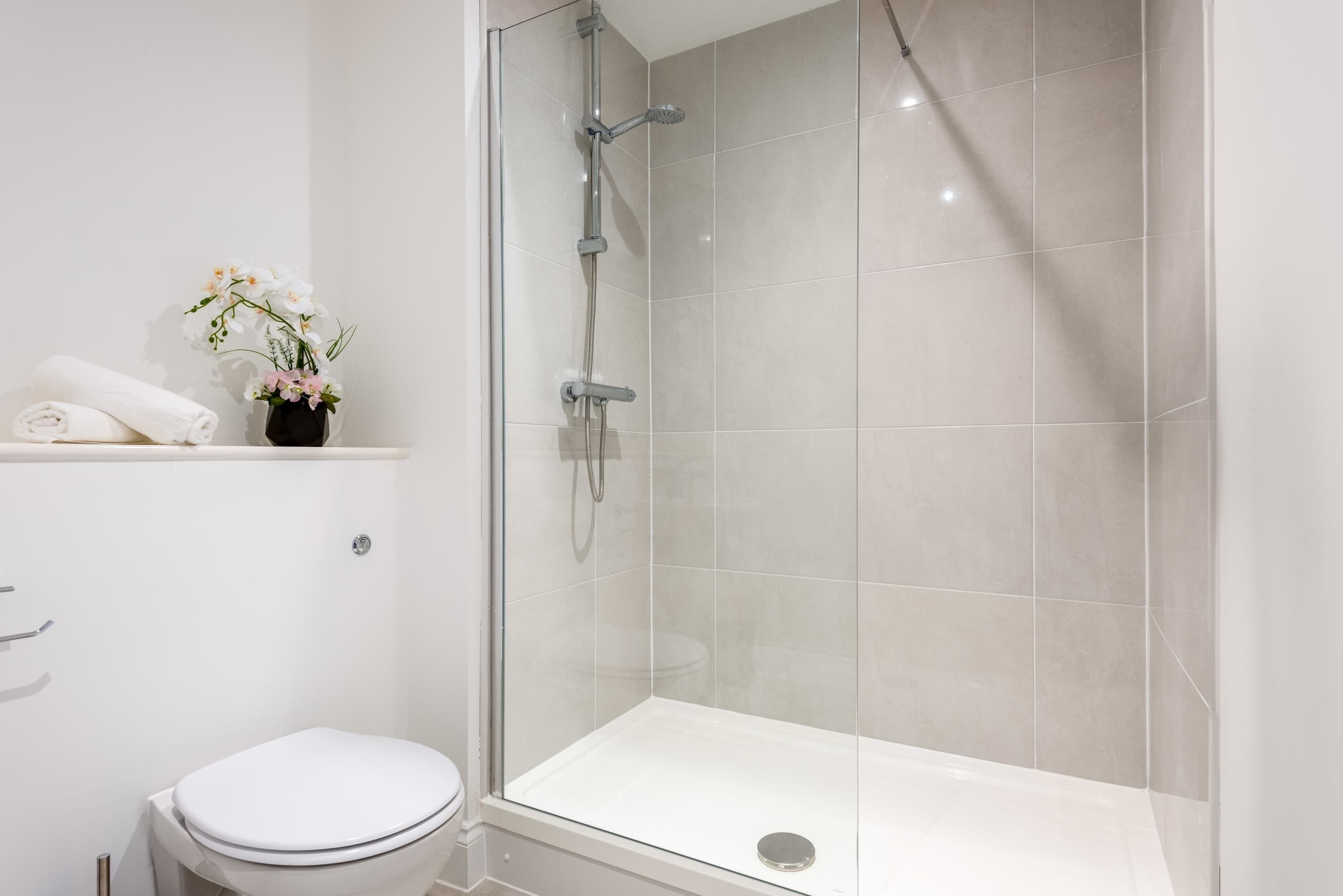 Shower, hair dryer, towels, shampoo