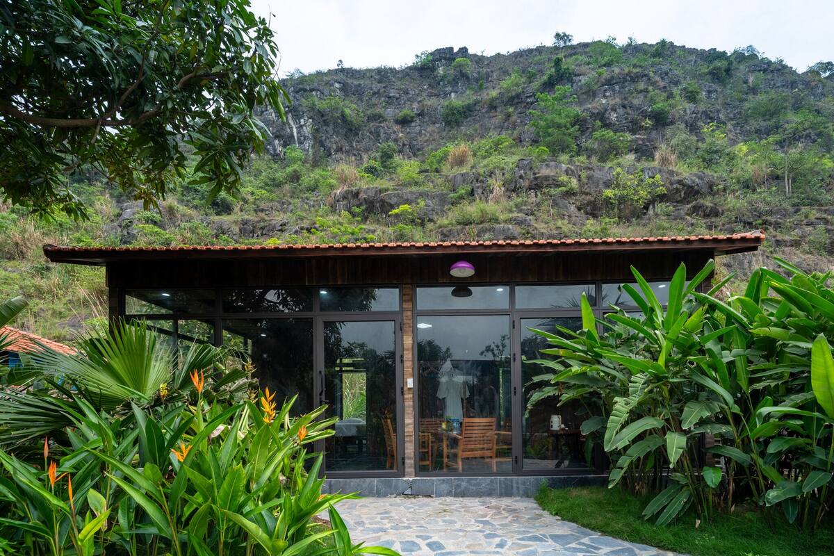 A modern building with a glass facade, surrounded by lush greenery and a stone pathway leading to the entrance.