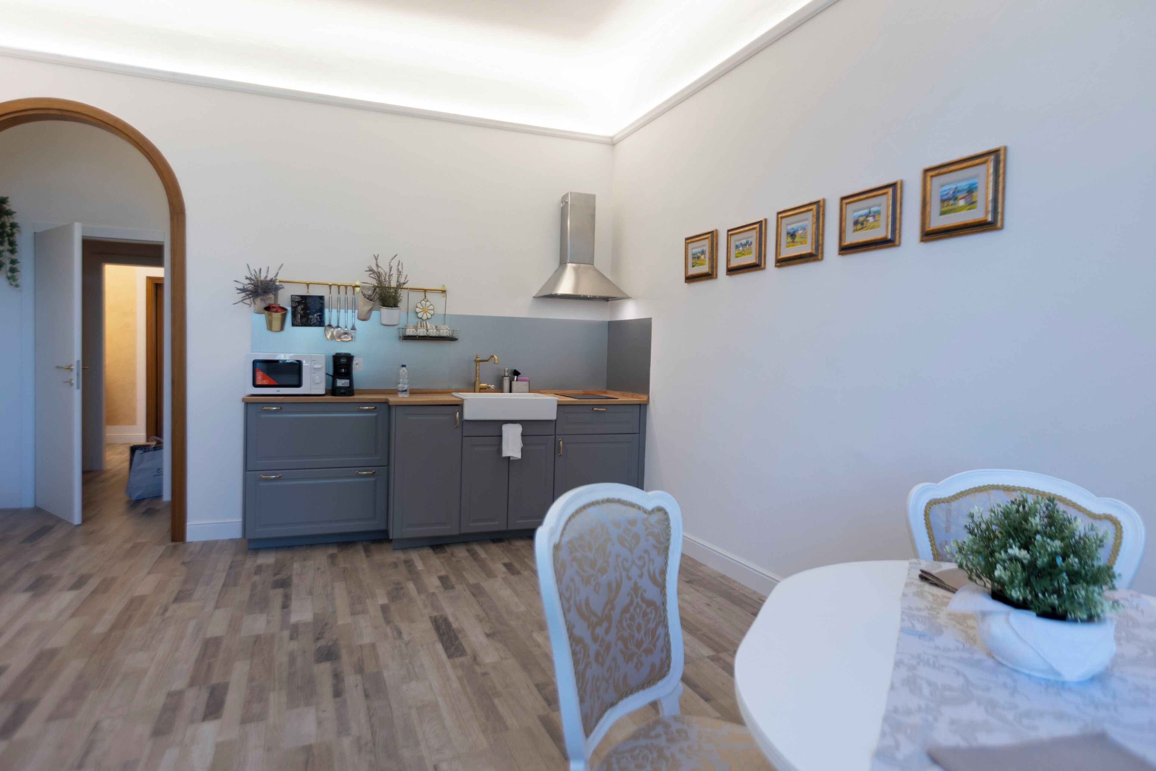 A modern kitchen with grey cabinets, a stainless steel range hood, and a white countertop. There are framed pictures on the wall and a potted plant on the table.
