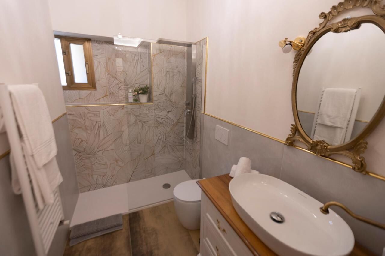 Een badkamer met douche, toilet, wastafel en een grote spiegel met een decoratief omlijsting.