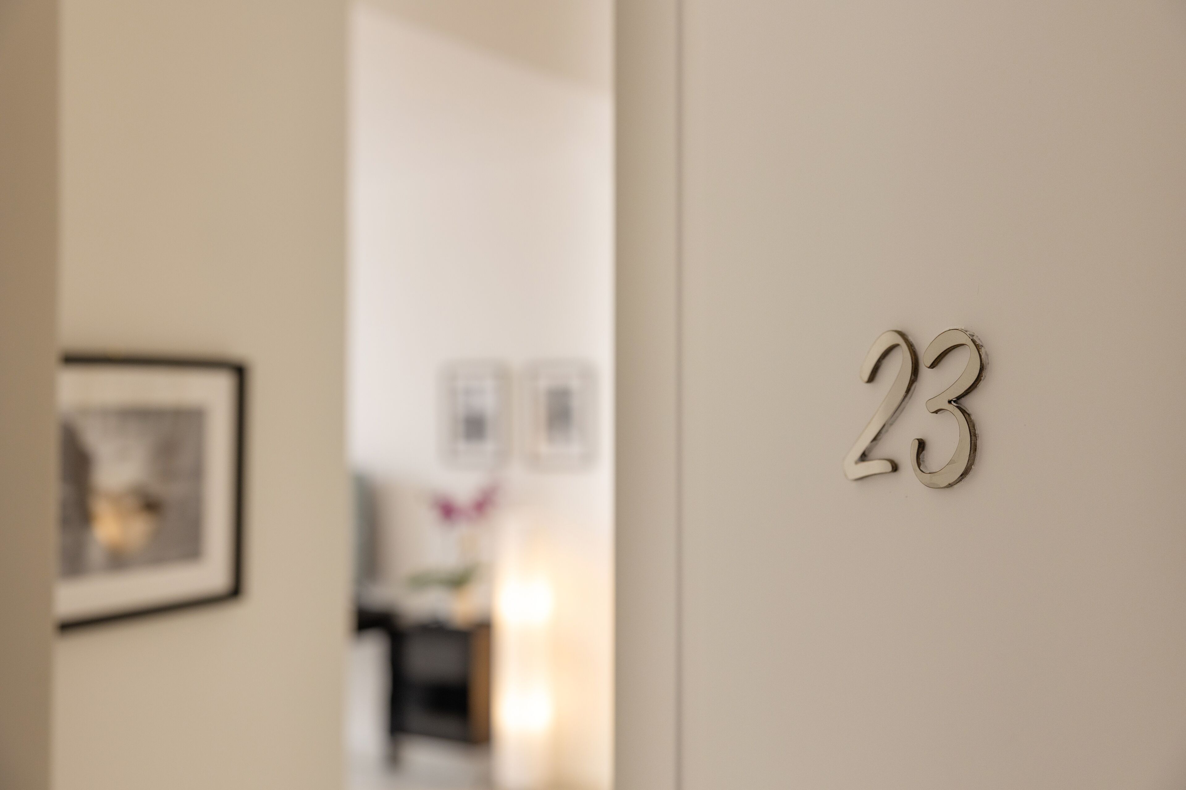 A hallway with a door labeled '23' and a framed picture on the wall.