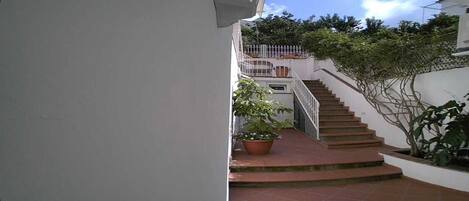 Una escalera conduce a un balcón con plantas en macetas y barandilla blanca.