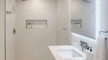 Hair dryer, towels, soap, shampoo