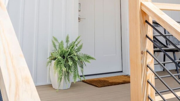 A white door with a window above it, a wooden staircase railing, and a potted plant beside the door.