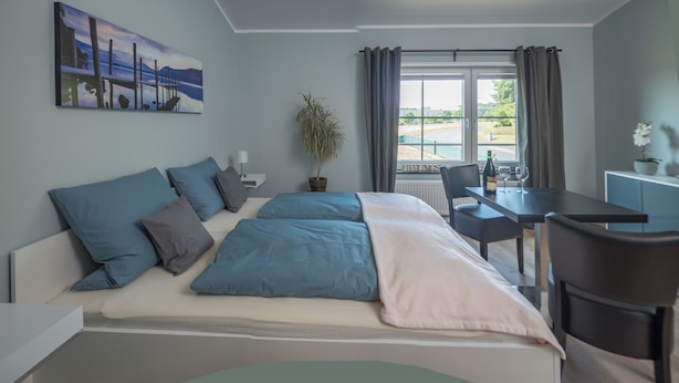 A hotel room with a bed, a desk, a chair, a potted plant, and a window with curtains. - triple a Apartments in Altfeld (Marktheidenfeld)