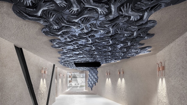 A hallway with textured walls and a ceiling with a wave-like design. - Boutique Hotel Badhaus (Bressanone)