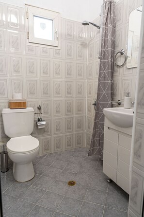 Un baño con inodoro, lavamanos, ducha y paredes con azulejos.