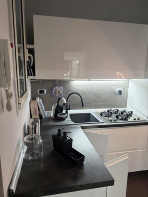 Fridge, microwave, oven, coffee/tea maker