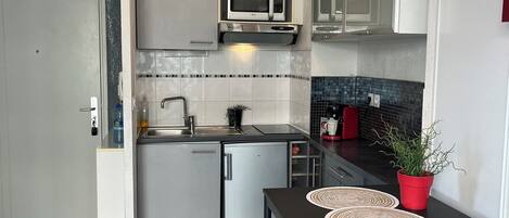 Fridge, microwave, stovetop, coffee/tea maker