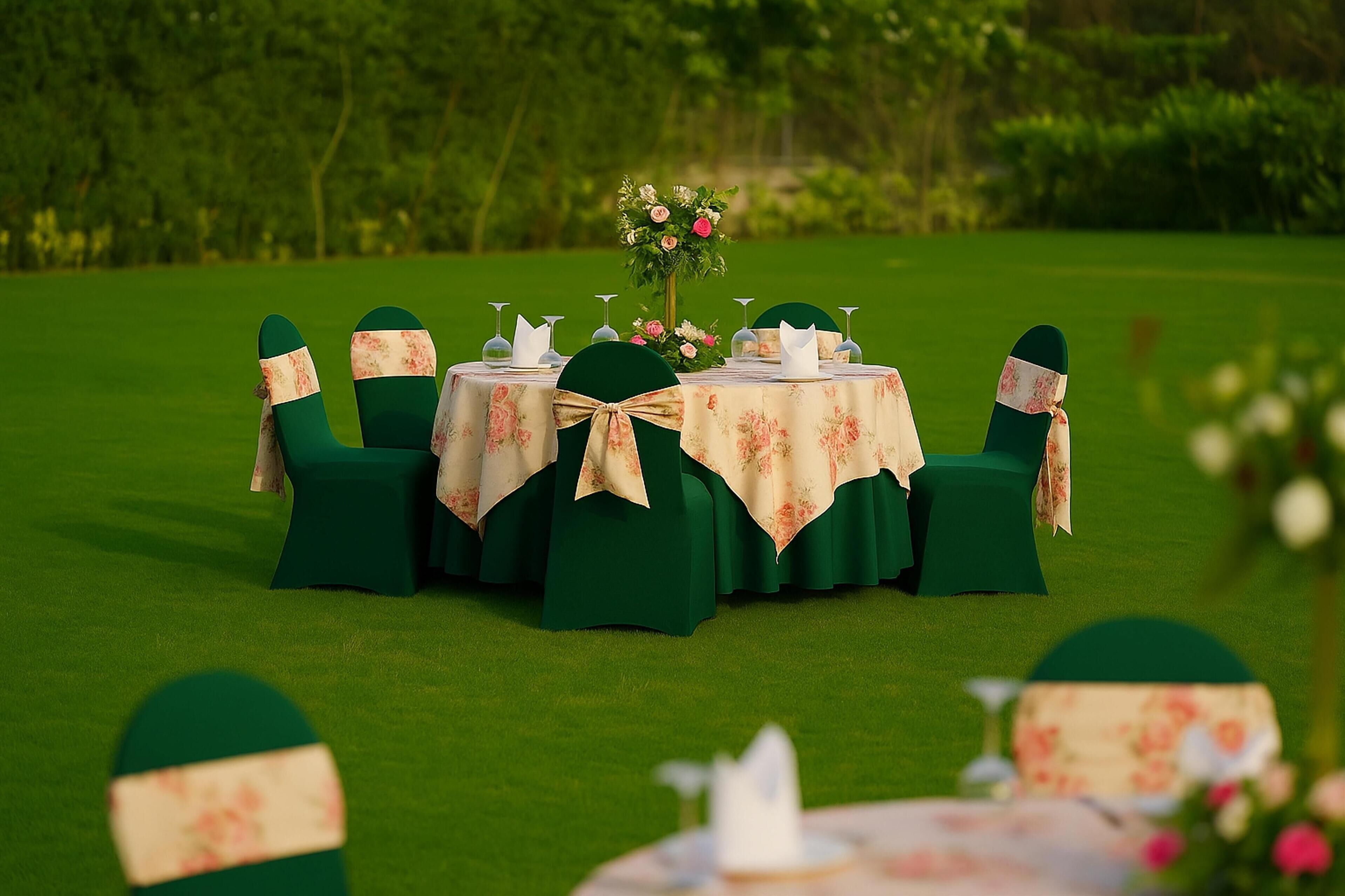 Une table ronde, entourée de chaises vertes et recouverte d’une nappe à motifs floraux, est installée à l’extérieur, sur une pelouse.