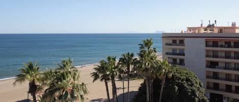 Vista de una playa con palmeras y un edificio con balcones.