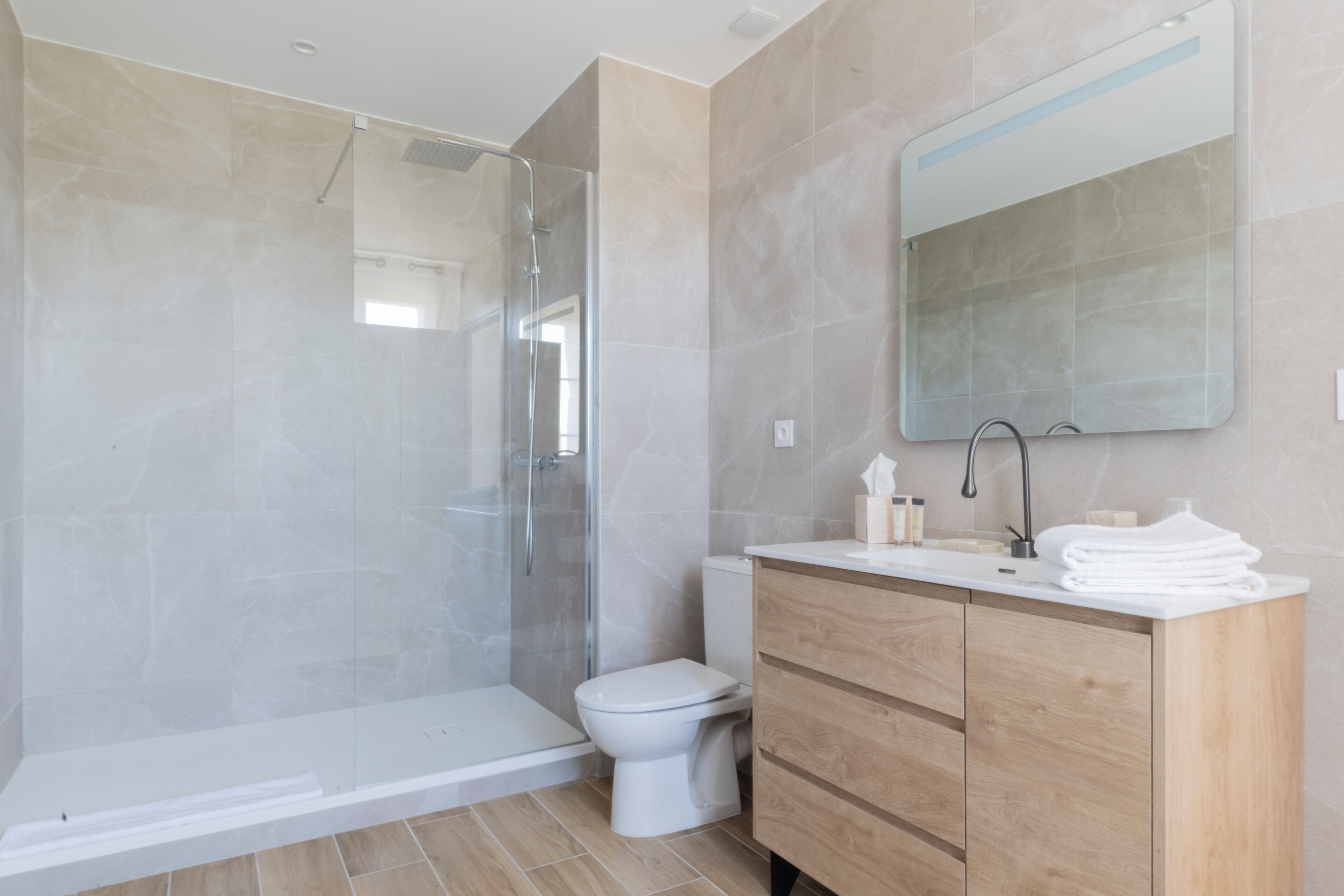 A modern bathroom with a glass-enclosed shower, a toilet, and a vanity with a mirror.