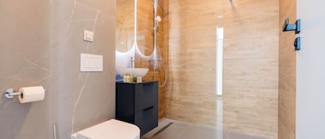A modern bathroom with a toilet, a sink, and a shower area.