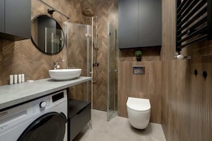 Shower, hair dryer, towels, shampoo