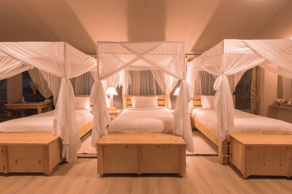 A room with three single beds, each with a canopy, wooden headboards, and bedside tables.