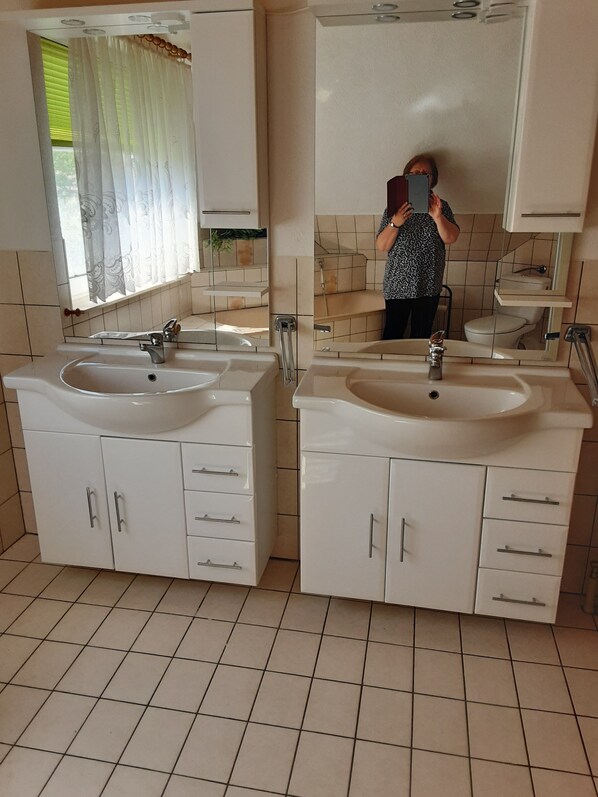Hair dryer, towels, toilet paper
