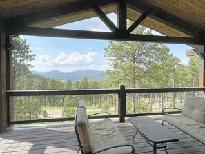 A covered outdoor seating area with a view of a forest and mountains.