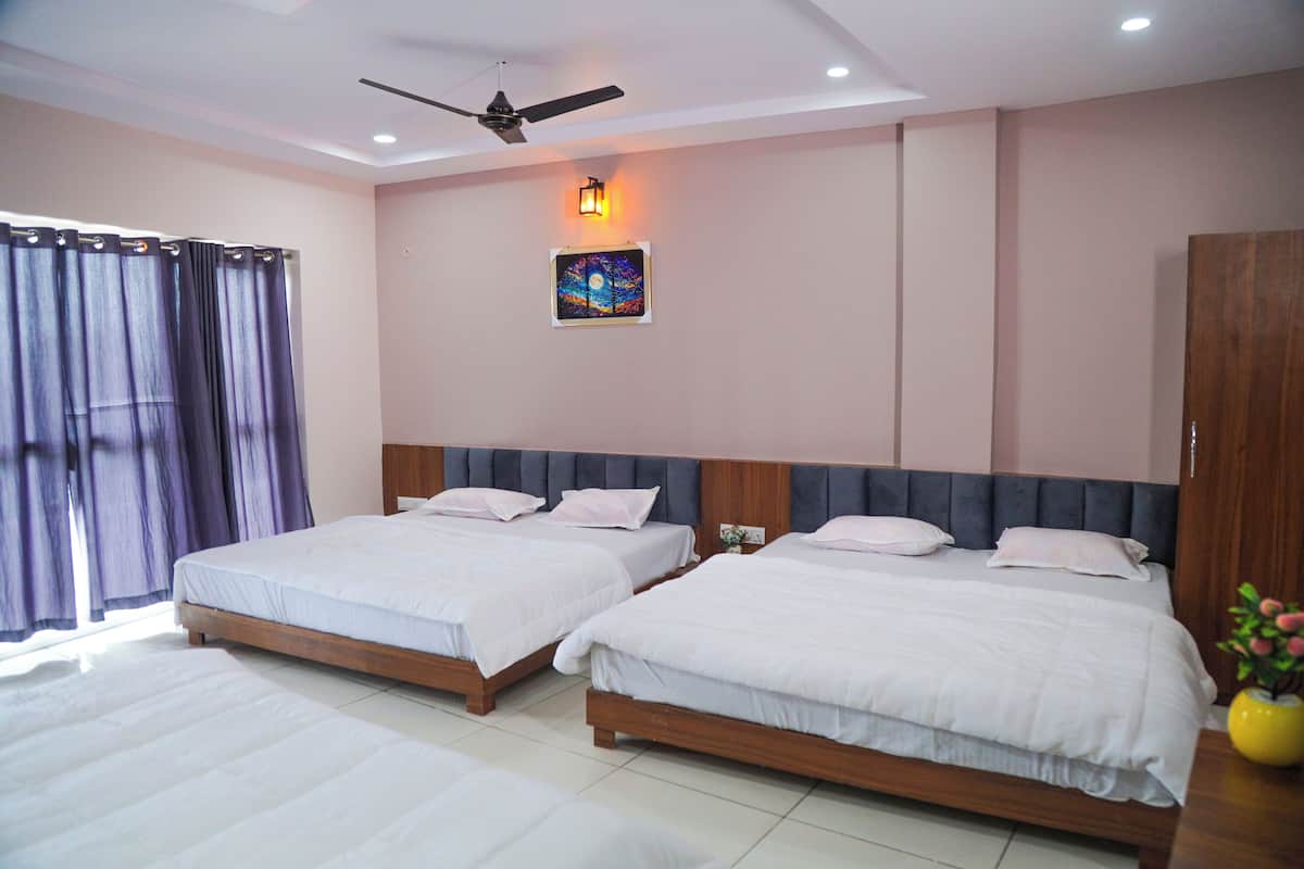 A hotel room with two beds, a ceiling fan, a nightlight, and a painting on the wall.