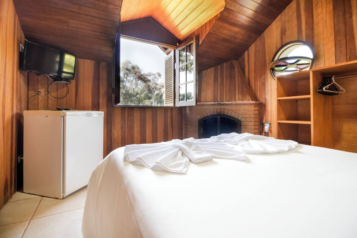 Une chambre à coucher avec un lit, une télévision, une cheminée et une fenêtre.