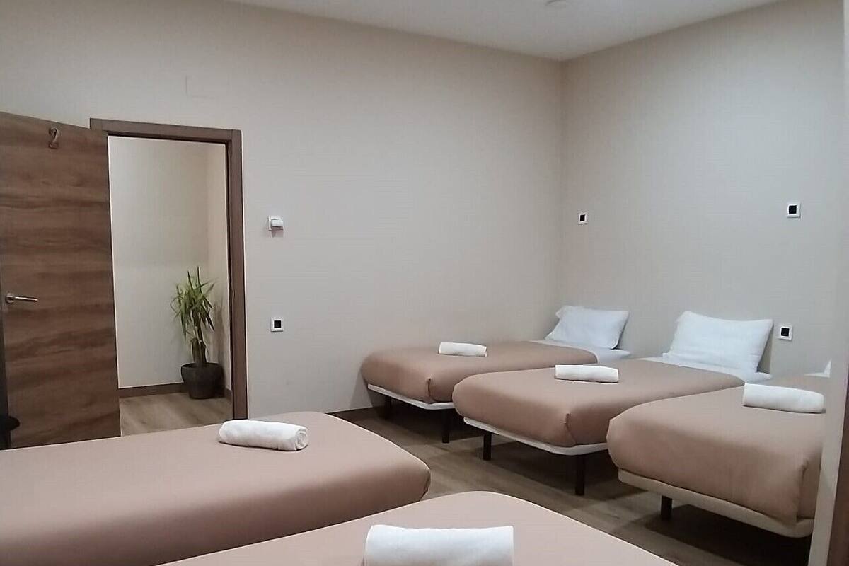 Une pièce avec quatre lits alignés, une porte en bois, une plante en pot et des spots encastrés au plafond.