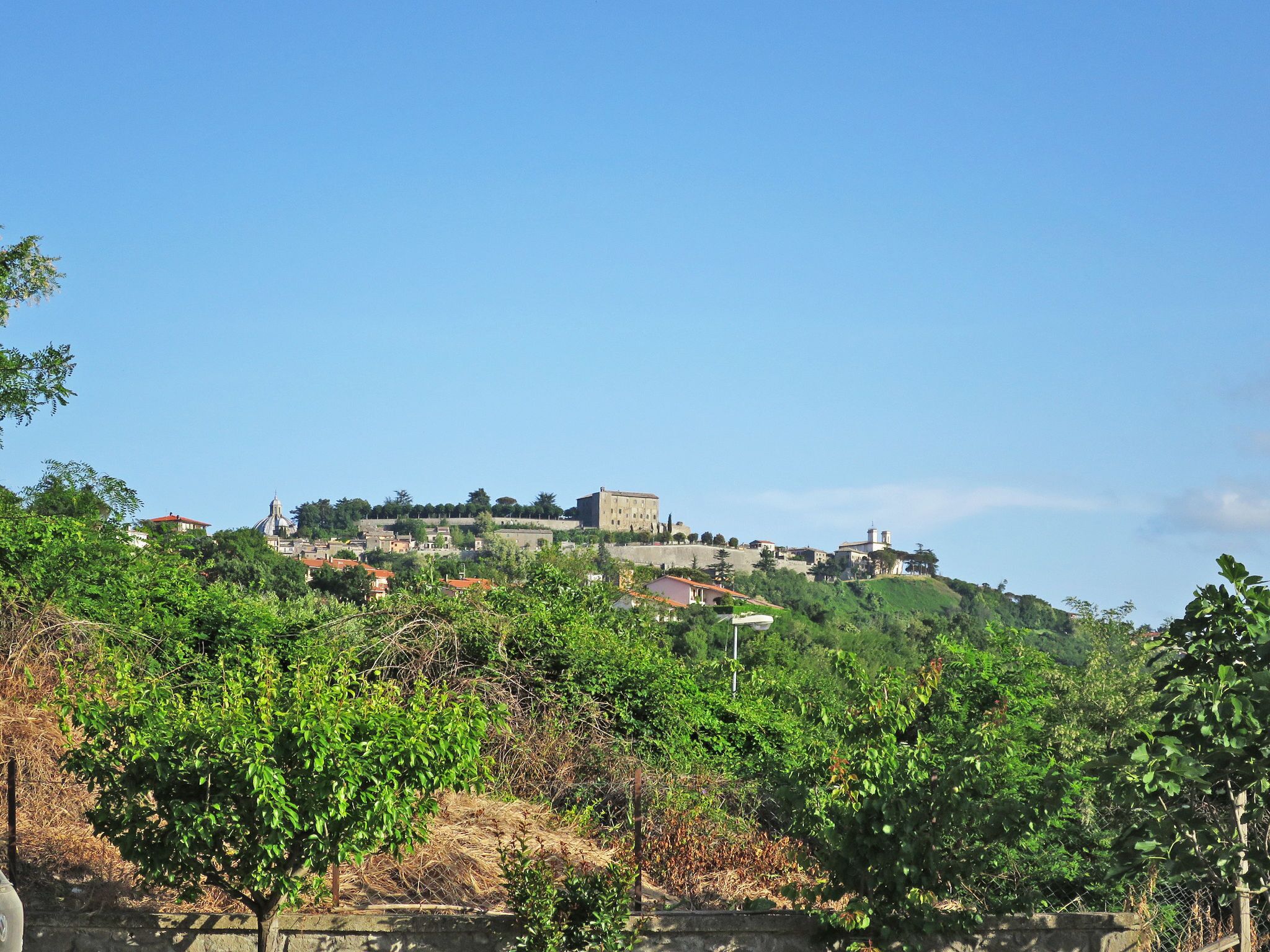 A hillside with buildings, including a prominent structure with a dome.