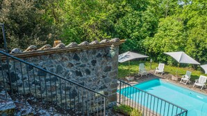 A stone staircase leading to a pool area with a clear view of the pool and surrounding greenery.