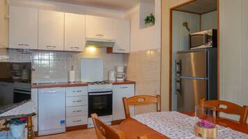 Een koelkast, een magnetron, een oven, een vaatwasser