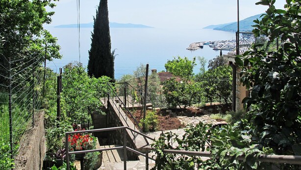 A garden with a stone staircase leading to a terrace overlooking a body of water and distant mountains.
