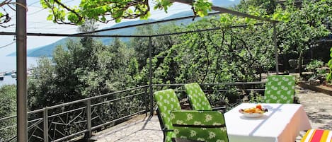 A terrace with a table and chairs, overlooking a body of water and greenery.
