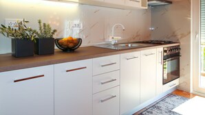 A modern kitchen with white cabinets, a stainless steel sink, and a built-in oven. There are two black plant pots on the counter. - Vacation home Noel by Interhome (Labin)