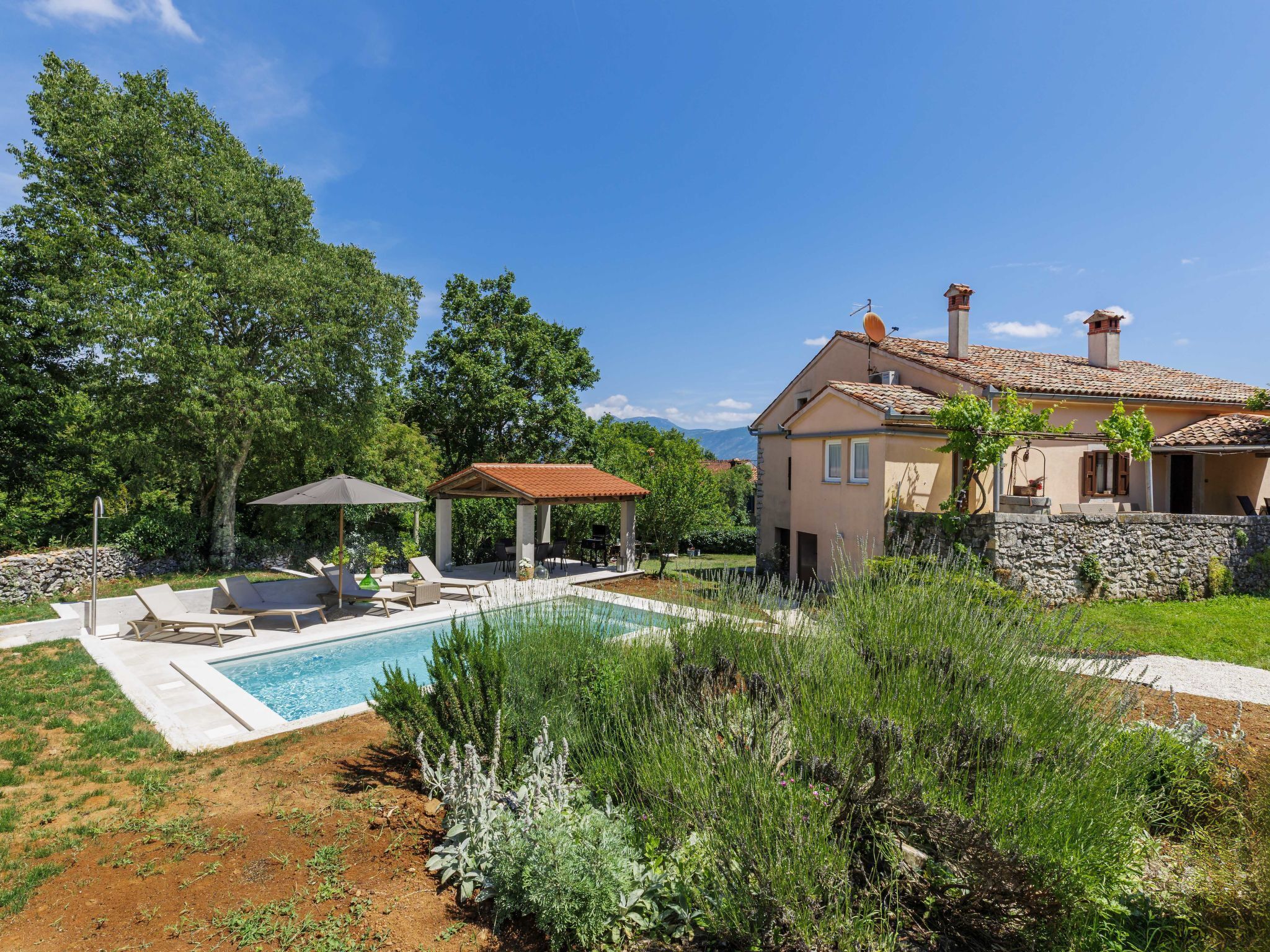 A house with a swimming pool, outdoor seating, and a garden.