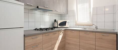 Fridge, microwave, dishwasher, cookware/dishes/utensils