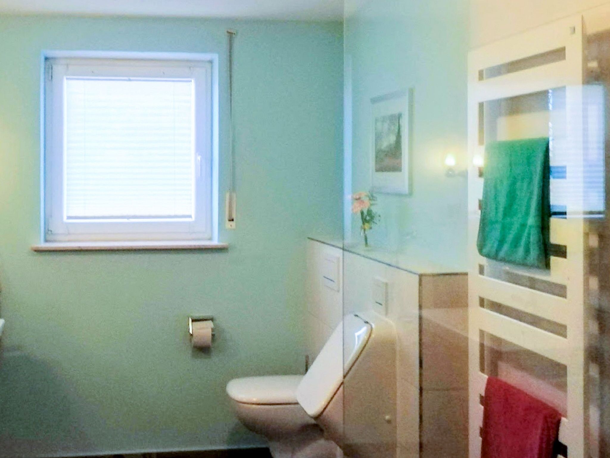 A bathroom with a toilet, a window, a mirror, and a towel rack.