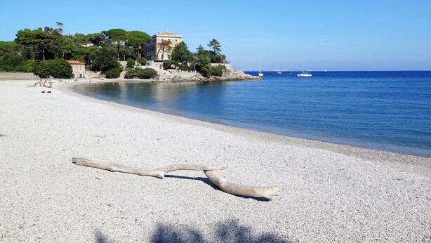 A beach with a building, trees, and boats in the water.