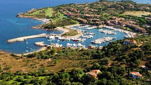 Una marina costera con barcos amarrados, rodeada de edificios residenciales y vegetación.