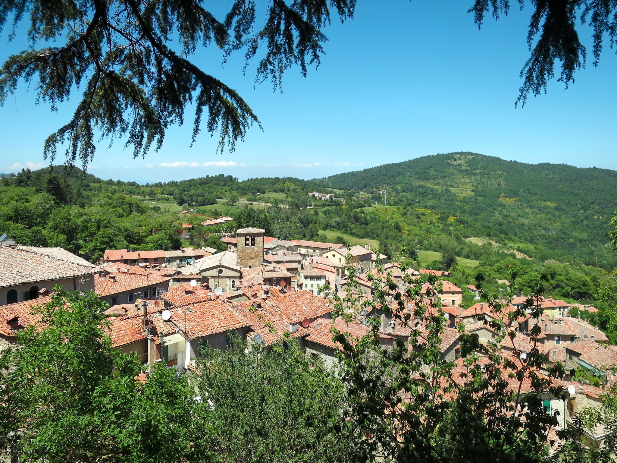 A village with traditional red-tiled roofs, surrounded by lush green hills and trees.