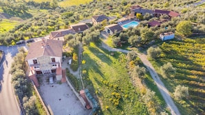 Ein ländliches Anwesen mit einem großen Haus, einem Schwimmbad und Weinbergen.